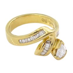 18ct gold diamond pear and baguette cut diamond ring, stamped 750, principle pear cut diamond of approx 0.75 carat, total diamond weight approx 1.25 carat