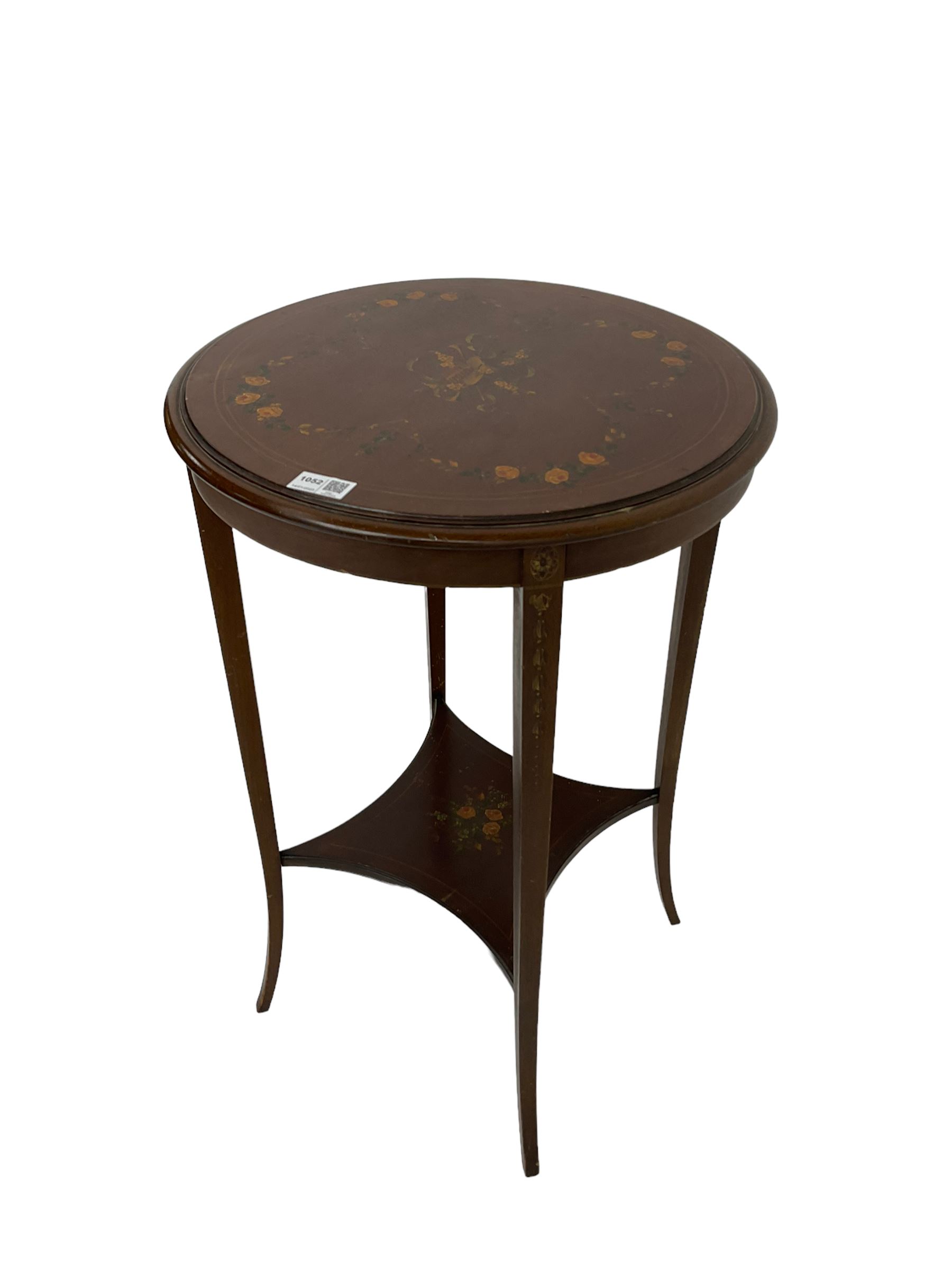 Greenwood and Sons York - early 20th century mahogany side or lamp table, decorated with floral garlands and central musical instrument motifs, with square tapering supports joined by an under-tier 