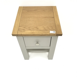  Painted and oak bedside cabinet, single drawer, square supports joined by single undertier, W36cm, H46cm, D36cm  