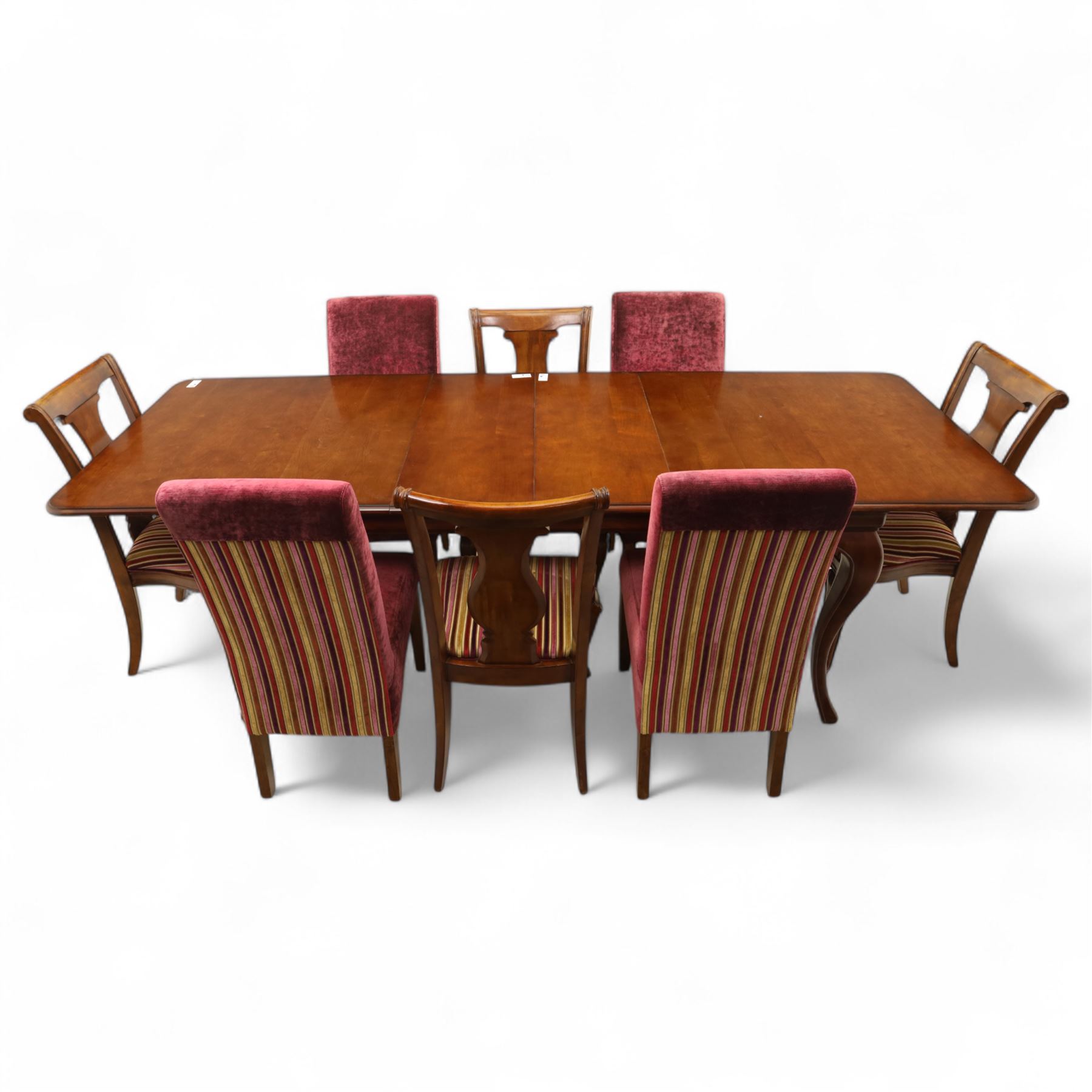 Willis & Gambier - mahogany extending dining table, rectangular top with rounded corners on cabriole legs, with two 35cm extension leaves, four Willis & Gambier upholstered high back chairs and four mahogany chairs, upholstered in a stripped multi-coloured velvet fabric, with scroll-shaped top rail, lyre-shaped back splat on cabriole legs, chairs W46xD91x97cm (11) 