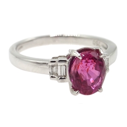  18ct white gold oval pink sapphire ring with baguette diamond shoulders, pink sapphire approx 1.5 carat   