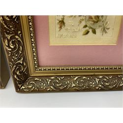 Thirty-five WW1 embroidered silk postcards including regimental crests, flags of the Allies, envelope type with greeting card inserts, Christmas and birthday cards etc; mounted and glazed in three graduated modern matching gilt frames (3)