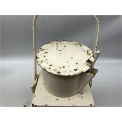 White painted railway lamp, the hinged door with red bullseye glass lens, with tall swing carrying handle, H52cm incl handle