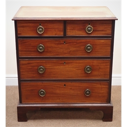  George III cross banded and boxwood strung chest, two short and four long cockbeaded drawers with brass handles,  shaped bracket supports, W81cm, H90cm, D51cm  
