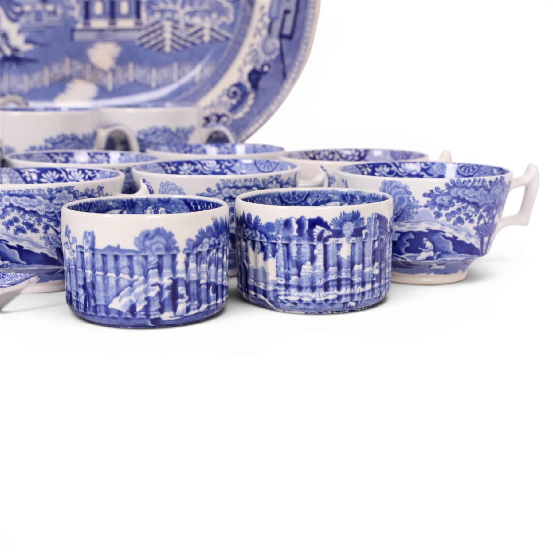 Collection of Spode Italian pattern, including two mugs, six cups and saucers, covered trinket dish, two egg cups etc, together with Willow pattern serving platter