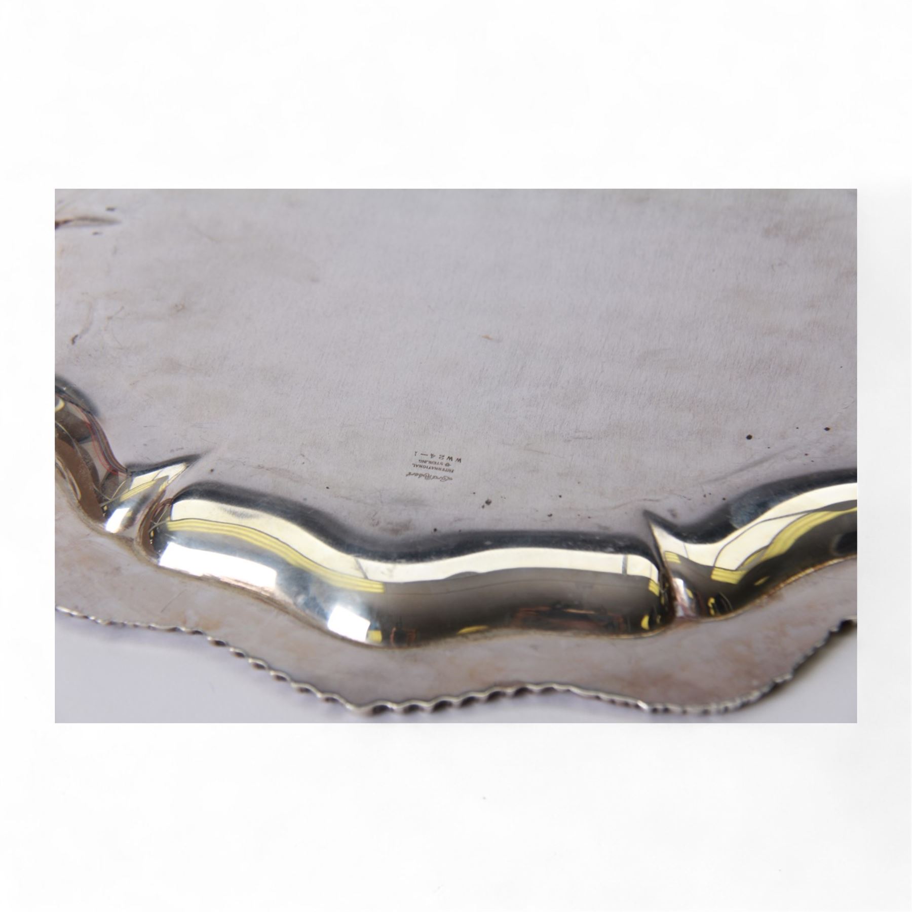 American silver Lord Robert pattern tray, of hexagonal form with oblique gadrooned rim, with presentation engraving to centre, stamped verso International Sterling WW24-1, W35cm