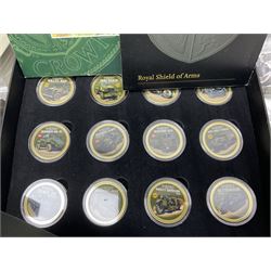 Commemorative and other coinage, including various Queen Elizabeth II 'London 2012 sports collection' fifty pence coins on cards, commemorative crowns, Millennium 2000 'Time Capsule' coin set, channel islands old round one pound coins, part sets etc
