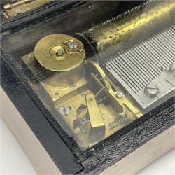 Small late 19th/early 20th century Swiss walnut cased musical box, the overglazed movement with 5cm cylinder and thirty-five tooth comb; the lid with card inscribed 'La Fauvette Salse' and 'Marche de Faust'; under base winding with key; serial no.50443, L12cm