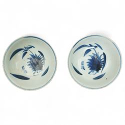 Pair of Chinese Ming Dynasty Ko-Sometsuke dishes decorated internally with plants and char...