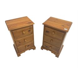 Pair waxed solid pine bedside chests, fitted with three drawers, on ogee feet
