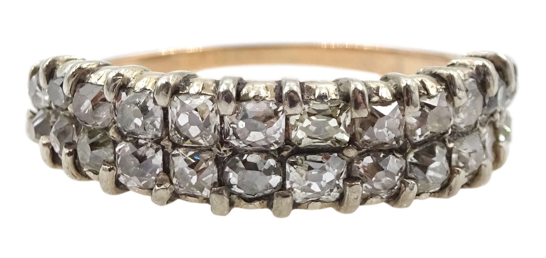 19th century gold and silver two row old cut diamond ring, the inner shank inscribed 'Catherine Tracy 1852'
