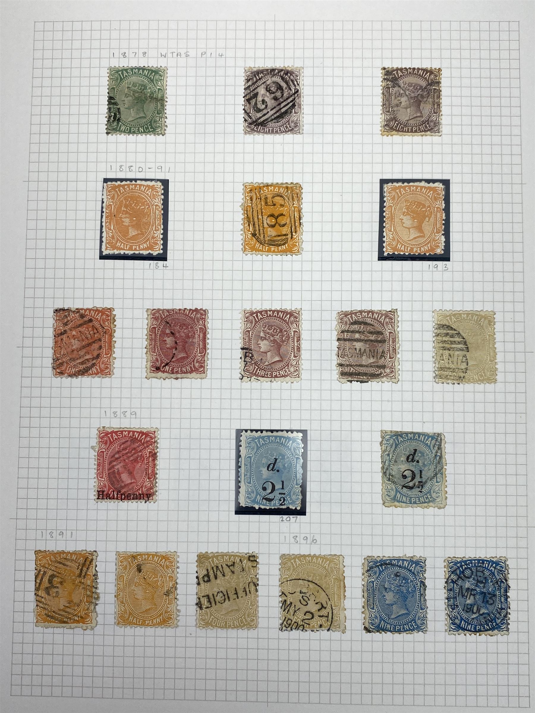 Van Diemen's Land (Tasmania) Queen Victoria and later stamps, including 1853-4 one penny and four penny stamps, 1855 two pence and four pence, 1856 one penny, 1857 various values, 1864-80 various perf issues etc, housed on pages