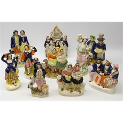  Collection of 19th century and later Staffordshire theatrical and other groups: matched pair figures Esmeralda and Gringorie, another of Gringorie, 'Auld Lang Syne', flatback pocket watch holder and others (10) Provenance: From a Private Yorkshire Collector  