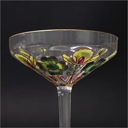 Pair of early 20th century Theresienthal Art Nouveau hand painted glass champagne coupes, the bowls hand painted with flowers, the bowl and foot rims lined in gilt, H13.5cm