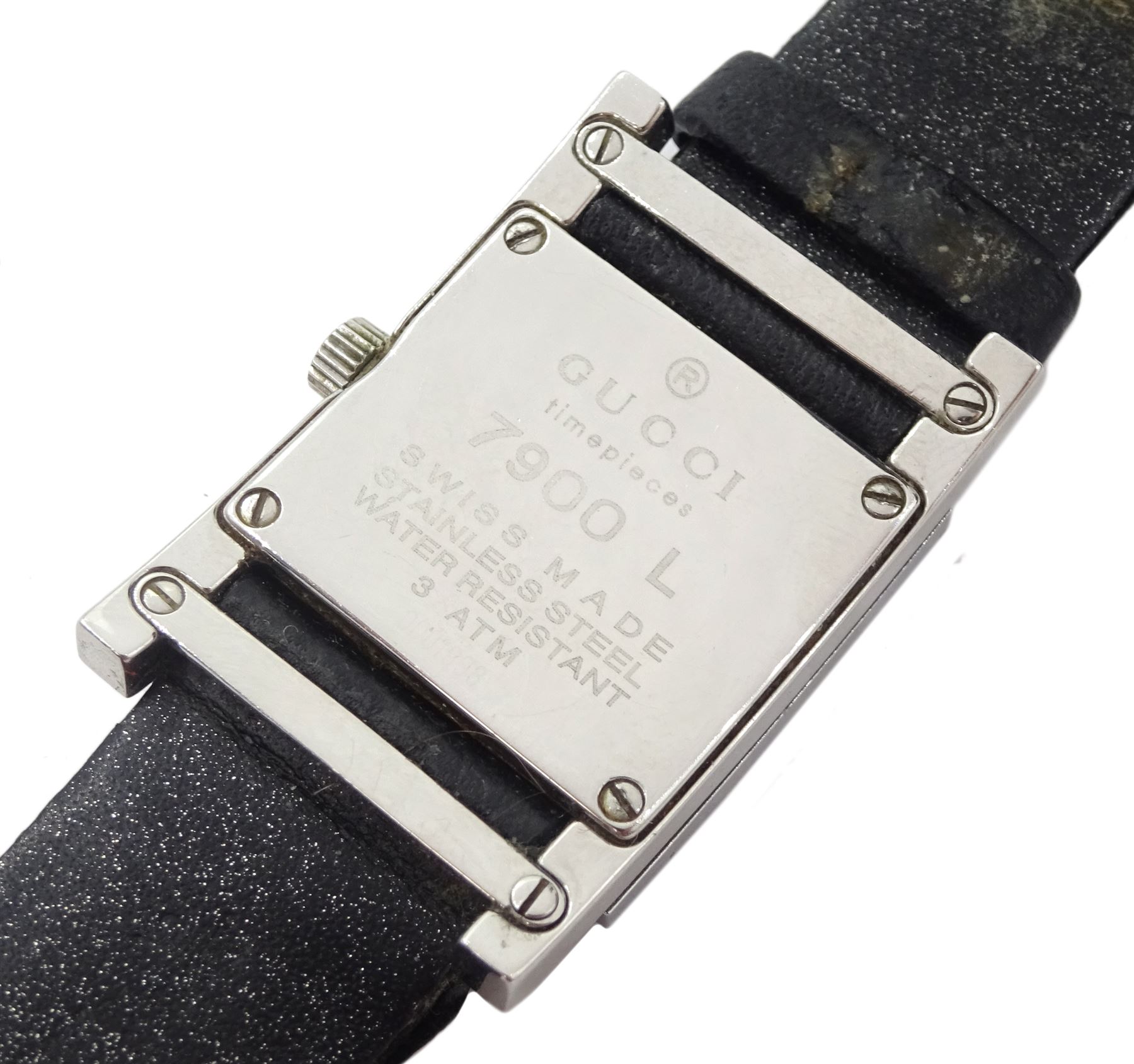 Gucci stainless steel quartz wristwatch model No. 7900 L, on leather strap, boxed with papers and receipt dated 2001