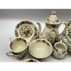 1930s Mason's Ironstone Strathmore coffee service for six, decorated with red basket floral display, together with six Mason's Regency bowls