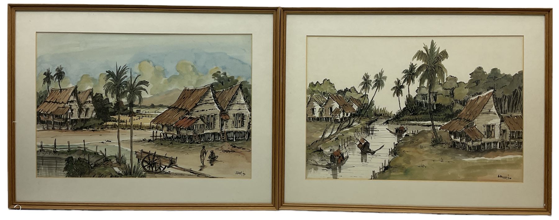 Larry Nunis of Malacca (Malaysian 20th century): Malaysian River Landscape with Houses and Figures, pair watercolours signed and dated '80, labelled verso 36cm x 53cm (2)