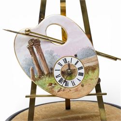 Late 19th century French novelty easel clock, the shaped panel in the form of an artist's palette painted with a landscape with classical columns on a gilt brass easel under a glass dome shade H33cm overall