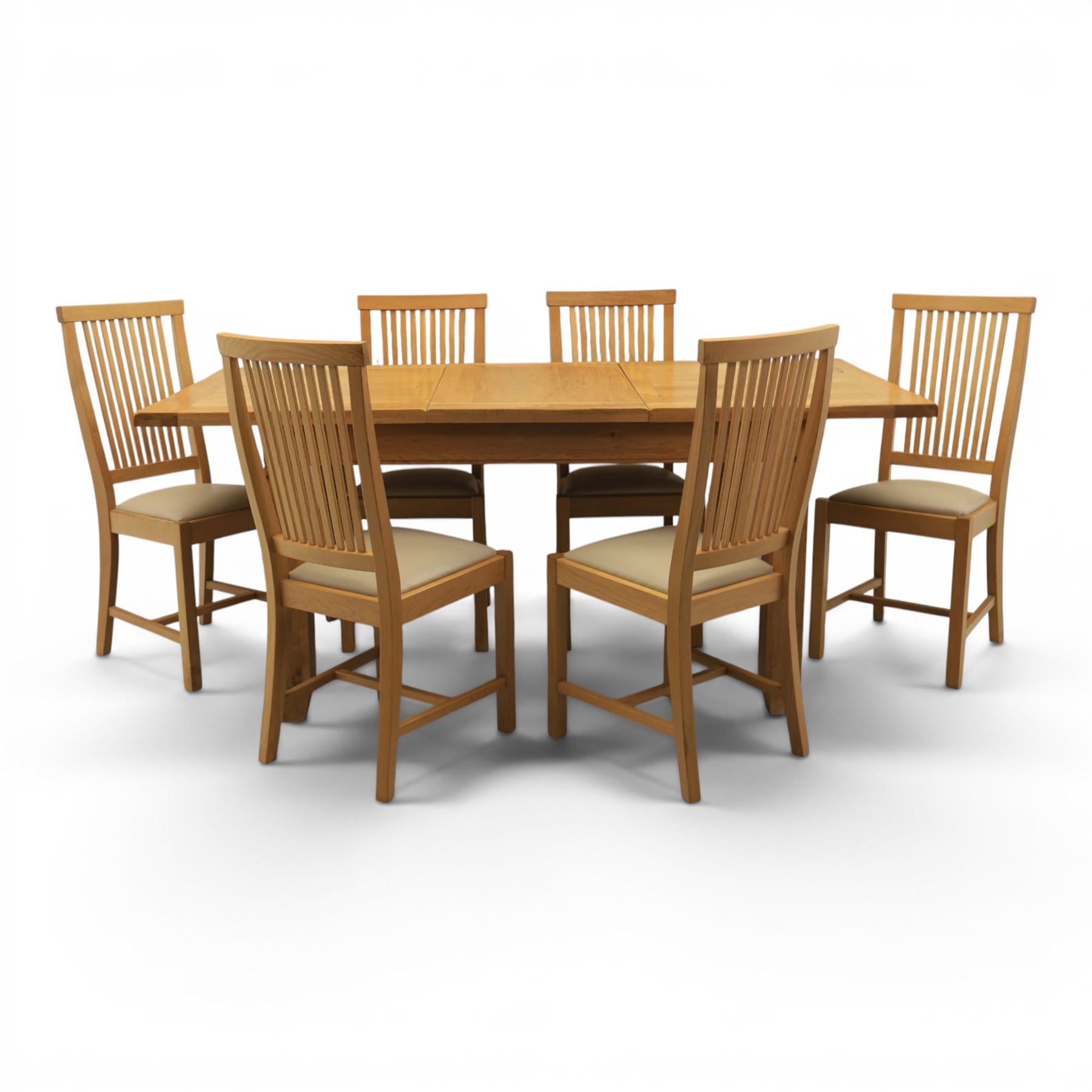 Contemporary oak dining extending table and set of six chairs, with additional leaf  extending to 182cm, chairs with cream upholstered seat