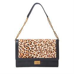 Jimmy Choo black leather and leopard-print calf hair shoulder bag, the rectangular form wi...