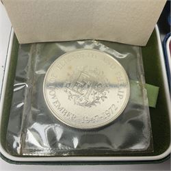 Six Queen Elizabeth II United Kingdom silver crown coins, comprising two 1972 'Silver Wedding', two 1977 'Silver Jubilee' and two 1981 'Commemorating The Marriage of His Royal Highness The Prince of Wales and Lady Diana Spencer', all cased with certificates 