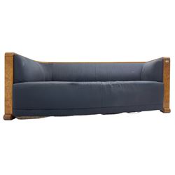 Thormer Polstermobel - Art Deco design three seat sofa, of curved tapering form, upholstered in midnight blue fabric, framed in figured burr elm