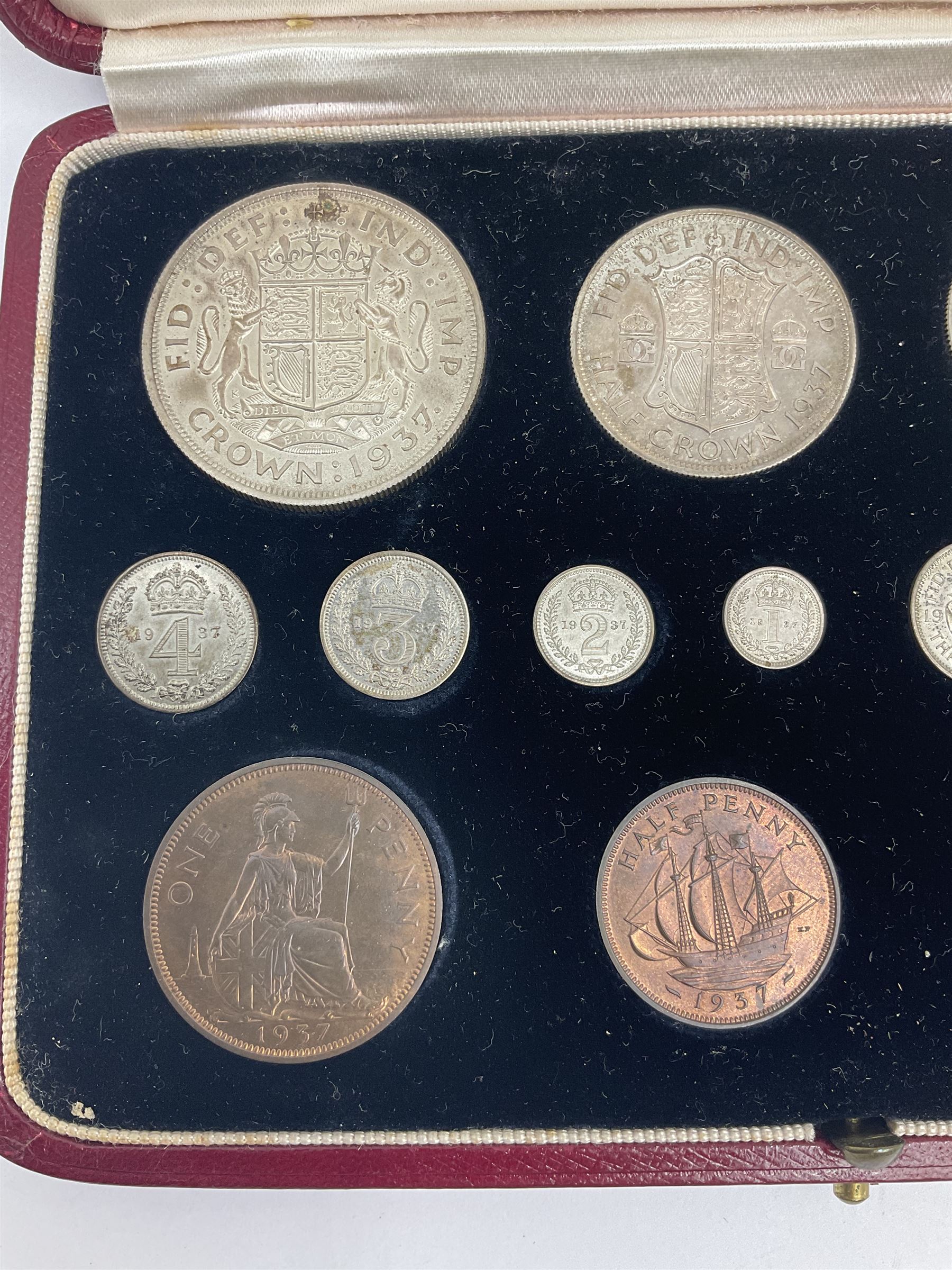 King George VI 1937 fifteen coin specimen set, housed in the official The Royal Mint maroon and gilt case