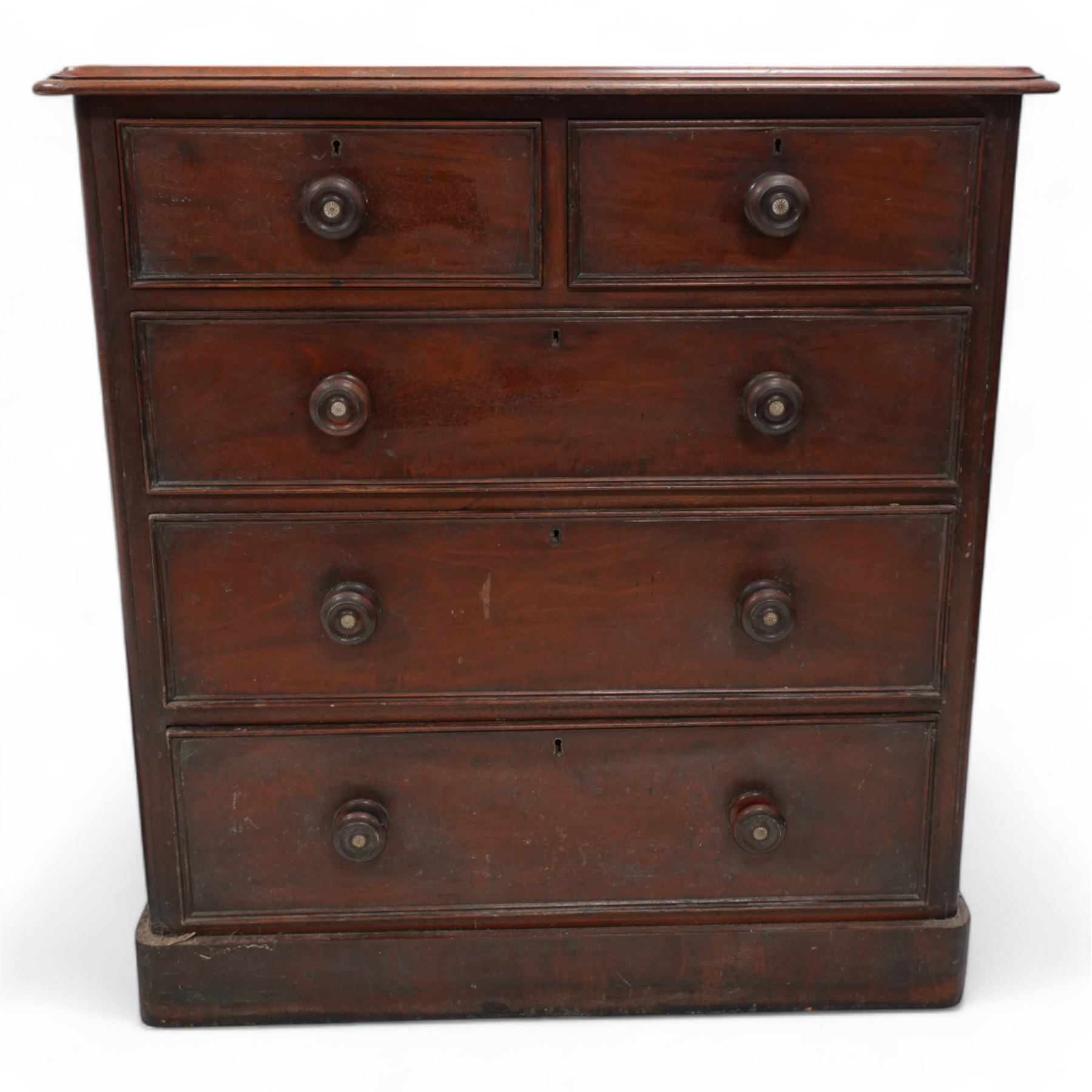 Mid-19th century mahogany chest, fitted with two short and three long drawers, rounded corners, on skirted base