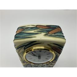Moorcroft mantel clock, decorated in Bulrush and Water Lily pattern, with impressed and printed marks beneath, H15.5cm