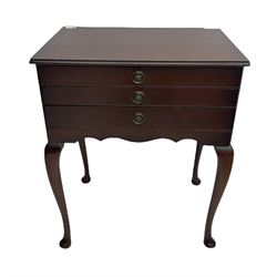 20th century mahogany three drawer canteen table, the drawers with ring handles opening to reveal fitted interiors, H71cm W59cm D41.5cm
