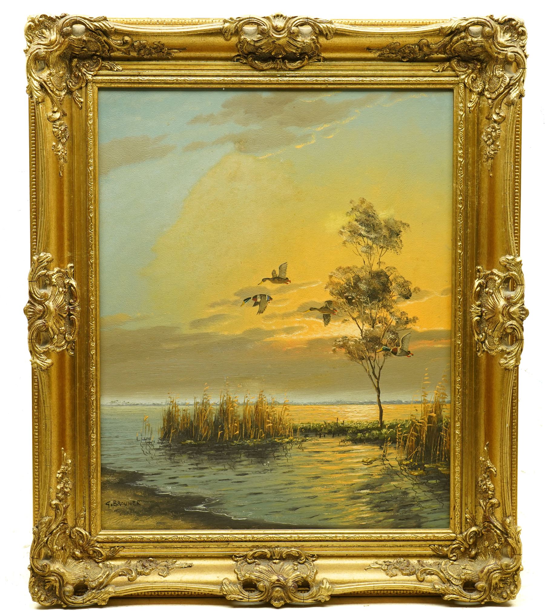 G Van de Velde AKA Gien Brouwer (Dutch 1944-): Ducks in Flight, oil on canvas signed 50cm x 39cm