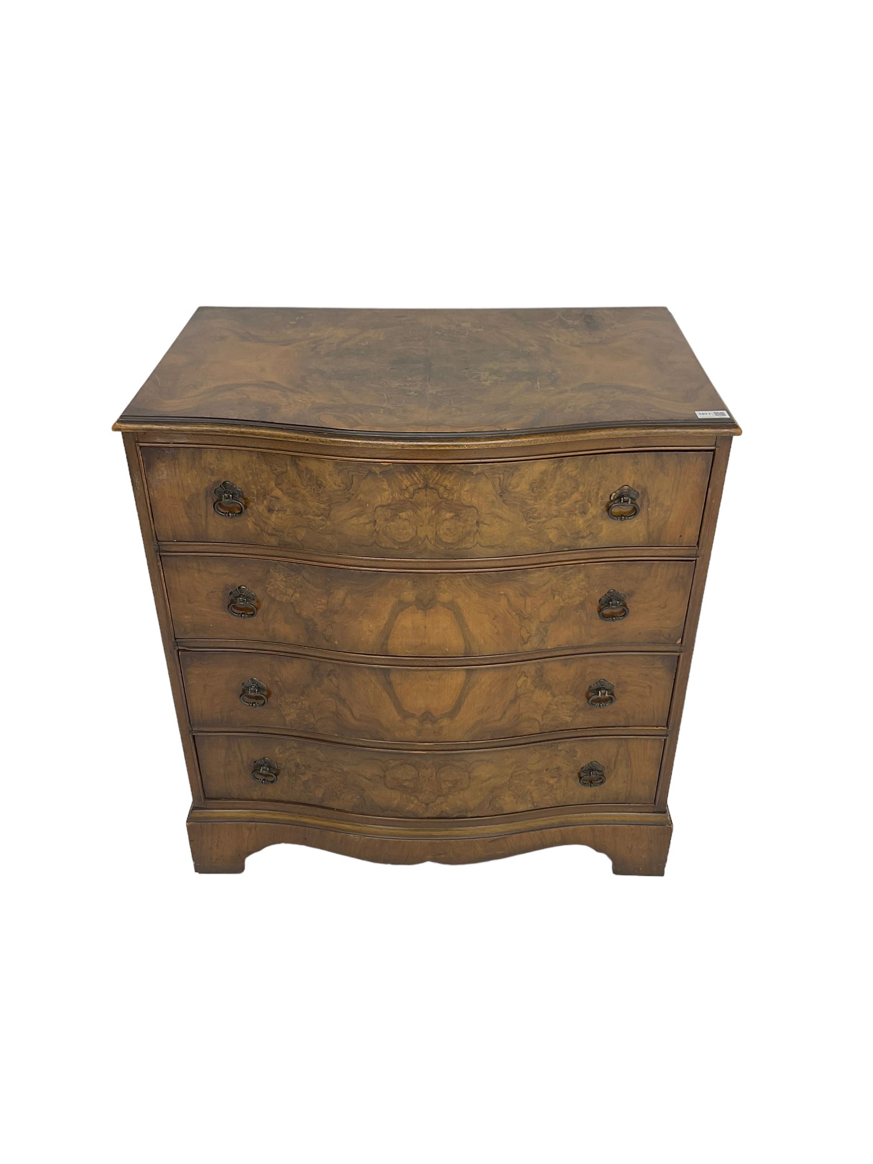 Early 20th century burr walnut serpentine chest, fitted with four drawers, on bracket feet