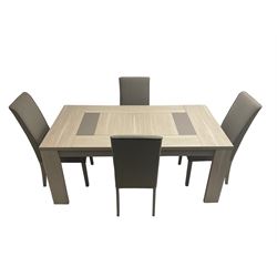 Wayfair Veasley - washed oak finish rectangular dining table, and set four high back dining chairs upholstered in grey fabric