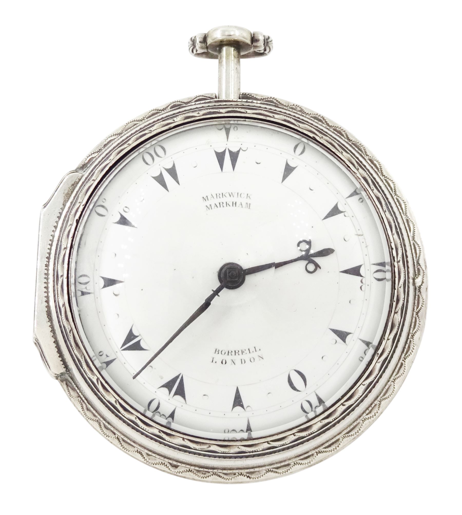 George III silver and gilt metal triple cased verge fusee pocket watch, for the Turkish market by Markwick Markham Borrell, London, No. 23209, ornate classical design pillars, pierced and engraved foliate balance cock, white enamel dial with Turkish numerals, bull's eye glass, the silver cases by James Richards, London 1804, the silver and gilt outer case decorated with green shagreen