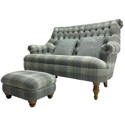  Wood Bros Furniture - 'Pickering Compact Two Seater Sofa', high rolled back, upholstered in buttoned 'Abraham Moon Huntingtower Celestial Fabric' in blue tartan, raised on turned oak feet, with matching footstool