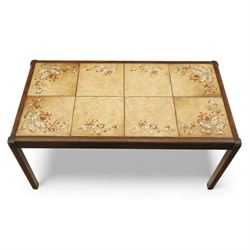 Mid 20th century living room furniture, comprising of a pair of Nathan teak dining chairs, each with curved open backrests and shaped seats, together with a Danish teak coffee table, rectangular top inset with decorative ceramic tiles, on square tapered supports
Chairs (H 73cm, W 48cm)
Table (H 41cm, W 81cm, D 47cm)