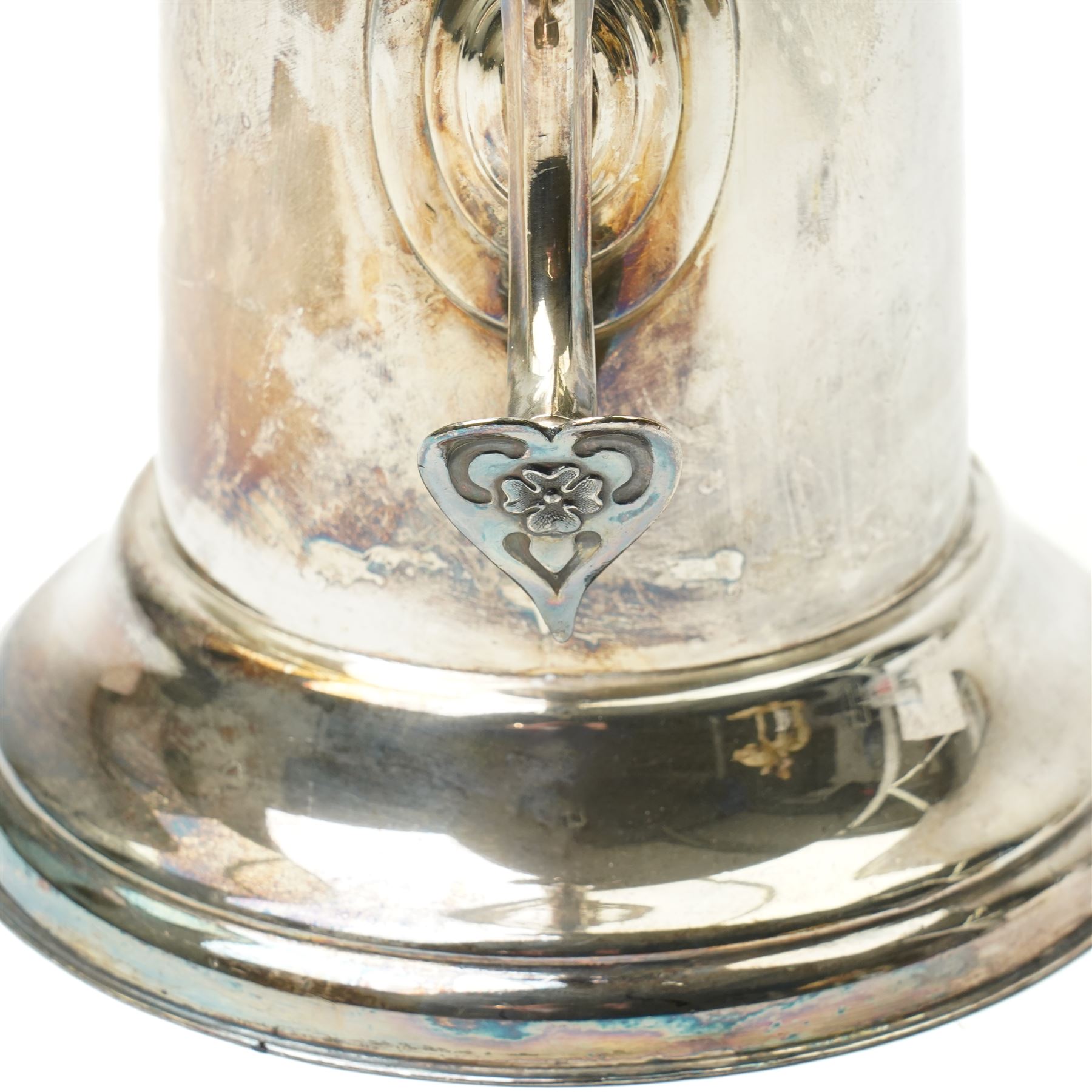 Britannia metal flagon by James Dixon & Sons with scroll handle and hinged lid H35cm and a silver plated fiddle pattern soup ladle (2)