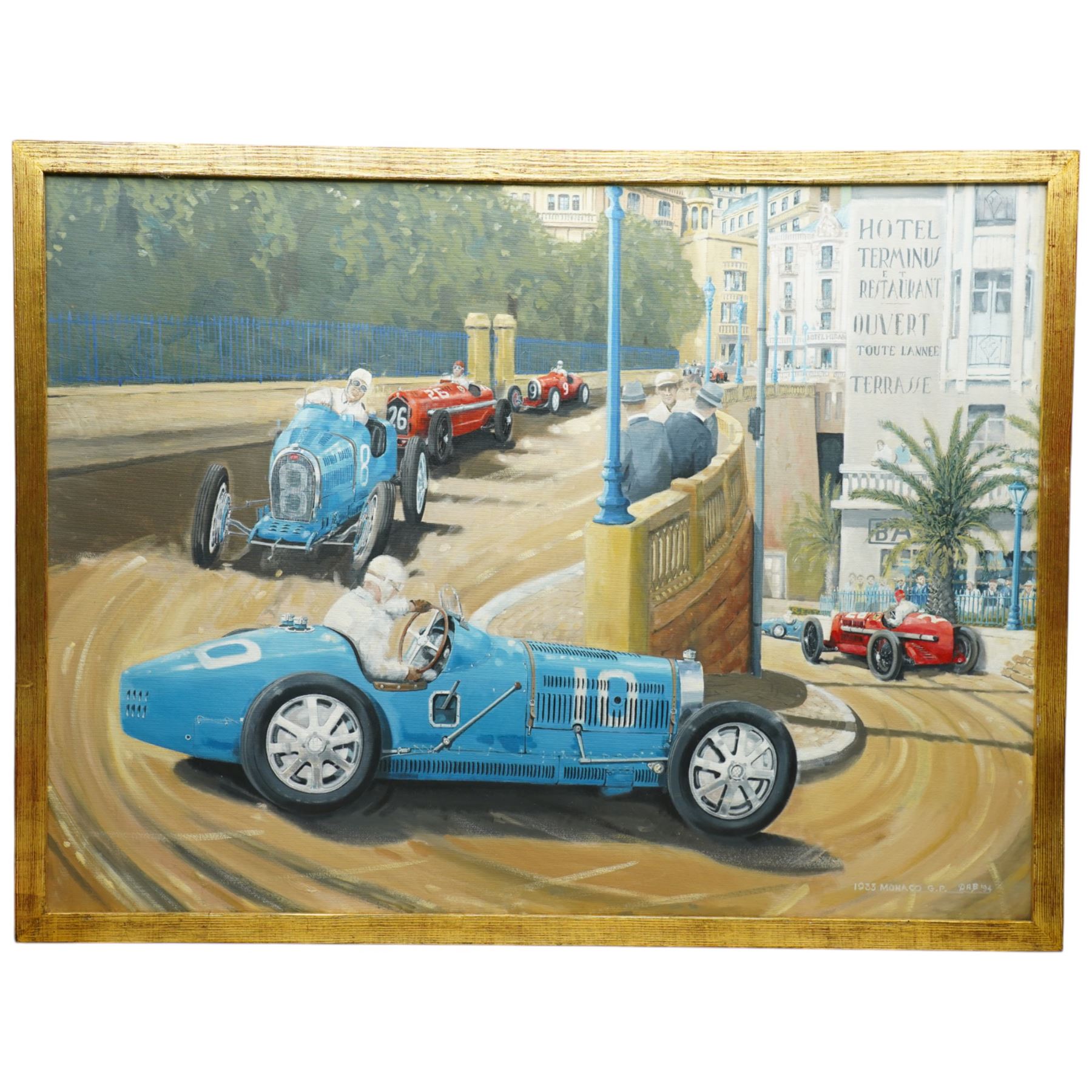 Derek Anthony Brooks (British 20th century): Monaco Grand Prix 1933 Featuring Alfa Romeos and Boat-Tail Bugatti's, oil on canvas signed and dated '94, inscribed verso 75cm x 100cm
Notes: verso reads 'A Famous Race - Varzi (Bugatti) and Nuvolari (Alfa Romeo) raced together for 99 of the 100 laps, swapping the lead continuously until Nuvolari's car blew up (piston) on the last lap. All other cars were lapped except the Alfa of Borzacchini who finished 12 secs behind Varzi.' 