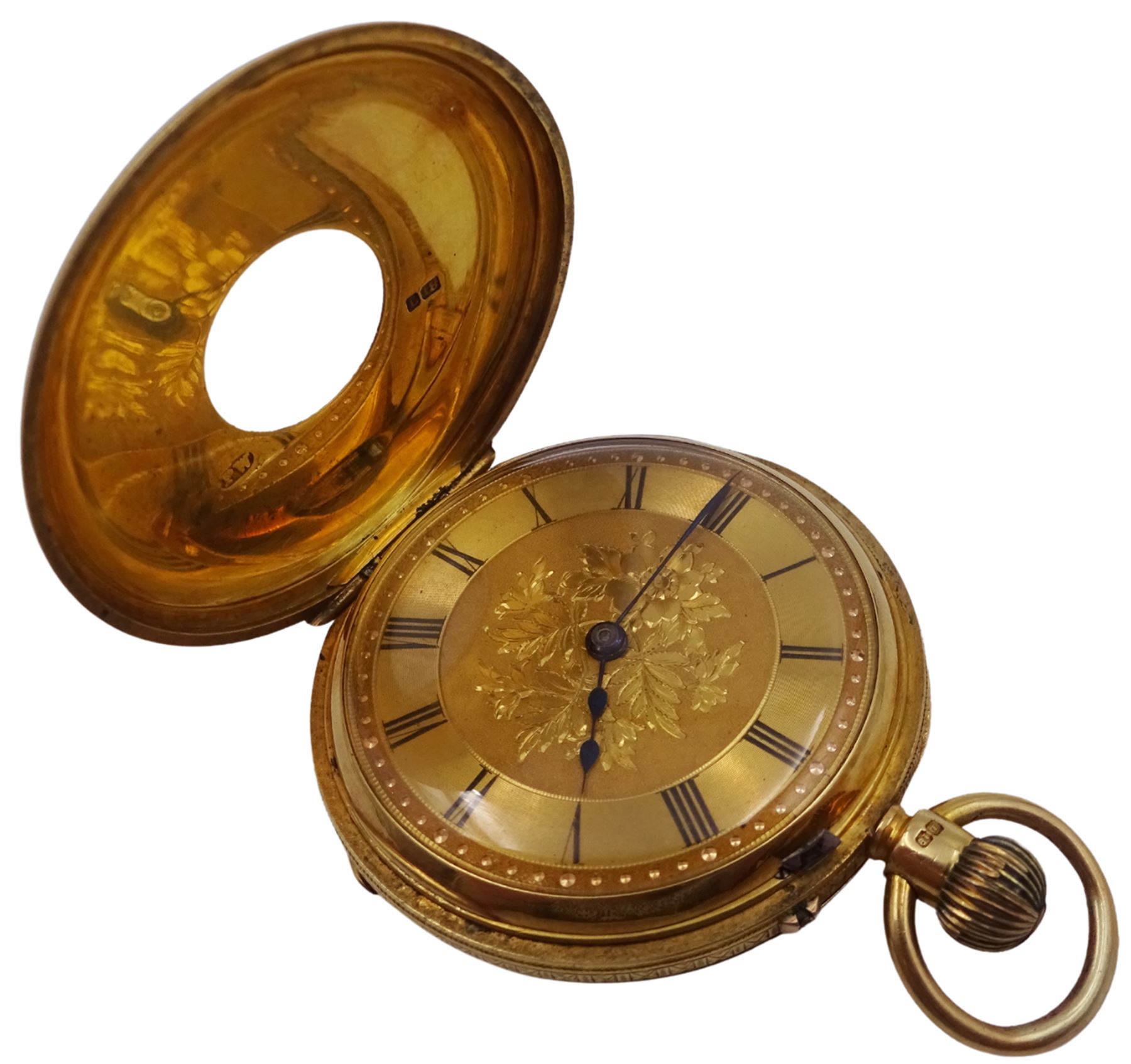 Victorian 18ct gold half hunter ladies keyless pocket watch by G E Searle & Son, Plymouth, No. 45189, gilt dial with Roman numerals, case engraved and engine turned with flower and scroll decoration with central cartouche, case by Philip Woodman & Sons, London 1886