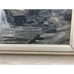 Rex N Preston (British 1948-): Upland Waterfall, oil on board signed and dated '70, 60cm x 39cm