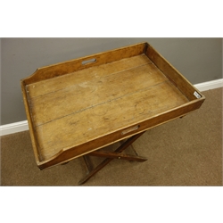  19th century oak butlers tray on folding stand, 77cm x 52cm, H83cm  
