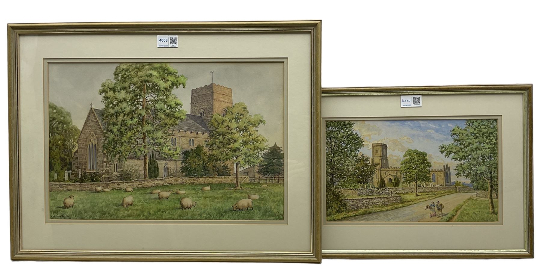 Nathan Stanley Brown (British 1890-1980): St. Matthews Church Hutton Buscel from Church Meadows and another North Yorkshire Church, two watercolours signed one dated 1944, 29cm x 44cm & 19cm x 31cm (2) 
Notes: the view of St Matthews is taken from an earlier photograph