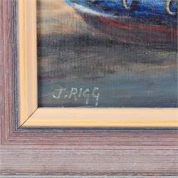 Jack Rigg (British 1927-2023): Cobles and Seagulls in Whitby Harbour, oil on canvas board signed 45cm x 65cm