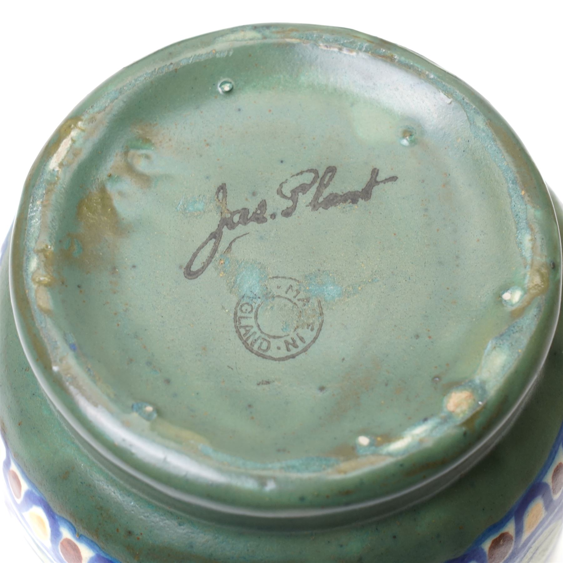 Thomas Forrester & Son Trogon Ware vase, c1920-1930, of baluster form with bulbous neck, painted with a band of peacocks, signed, H21cm; together with a pair of vases designed by James Plant, signed to base, H19cm, a Herman August Kahler (Danish 1846-1917) vase, of elongated form, signed to base, H29cm, and two further vases (6)