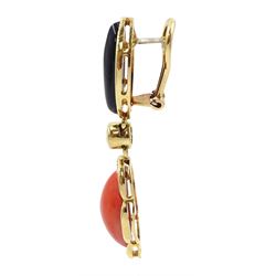 18ct gold black onyx, coral and round brilliant cut diamond pendant stud earrings, stamped 750