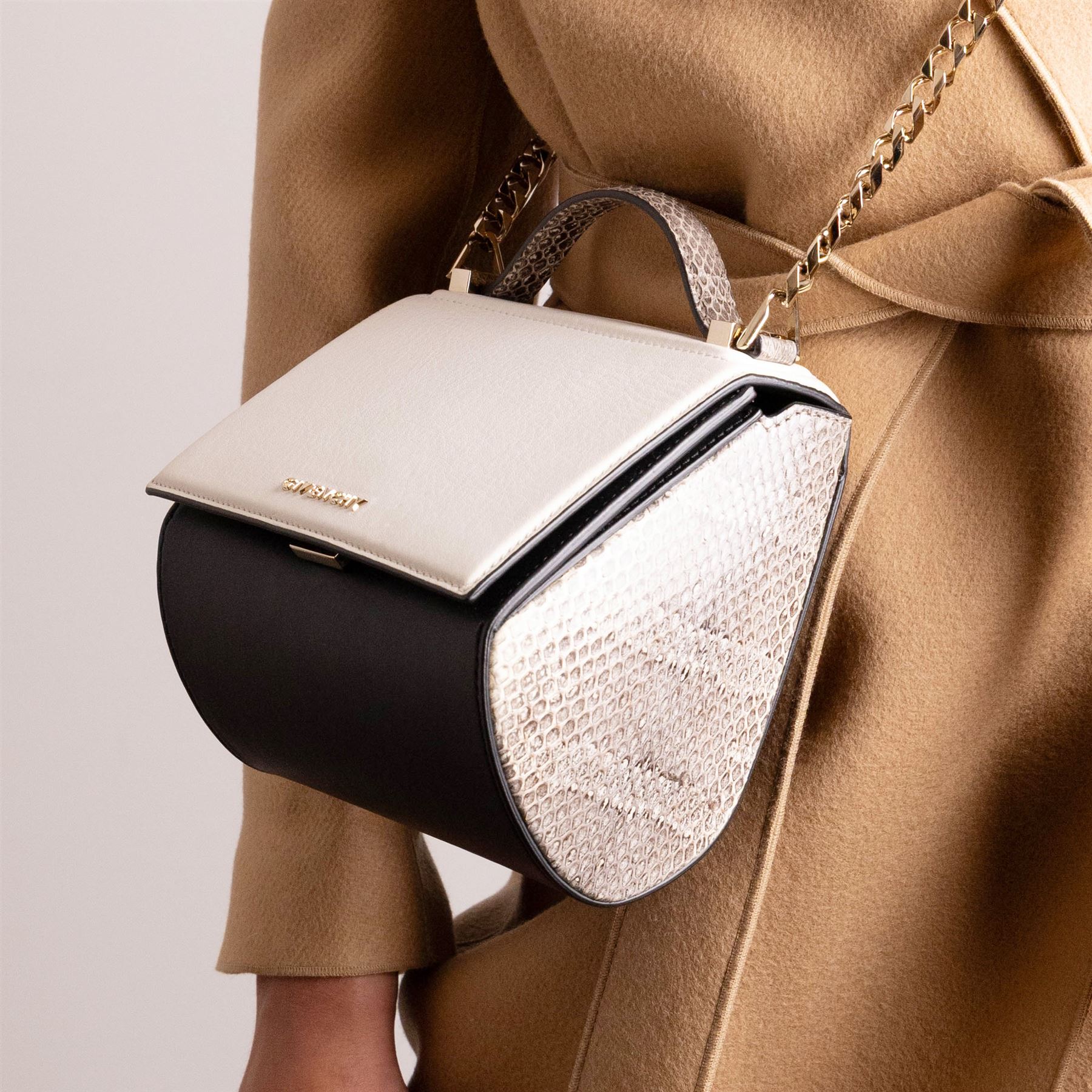 Givenchy - ‘Pandora Box’ Mini Bag, introduced circa 2016, in white and black leather with contrasting python side panels and top handle, with gold-tone shoulder or crossbody chain strap and hardware, unused with original dust bag