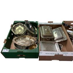 Victorian silver plate chafing dish, together with other silver plate, in three boxes 