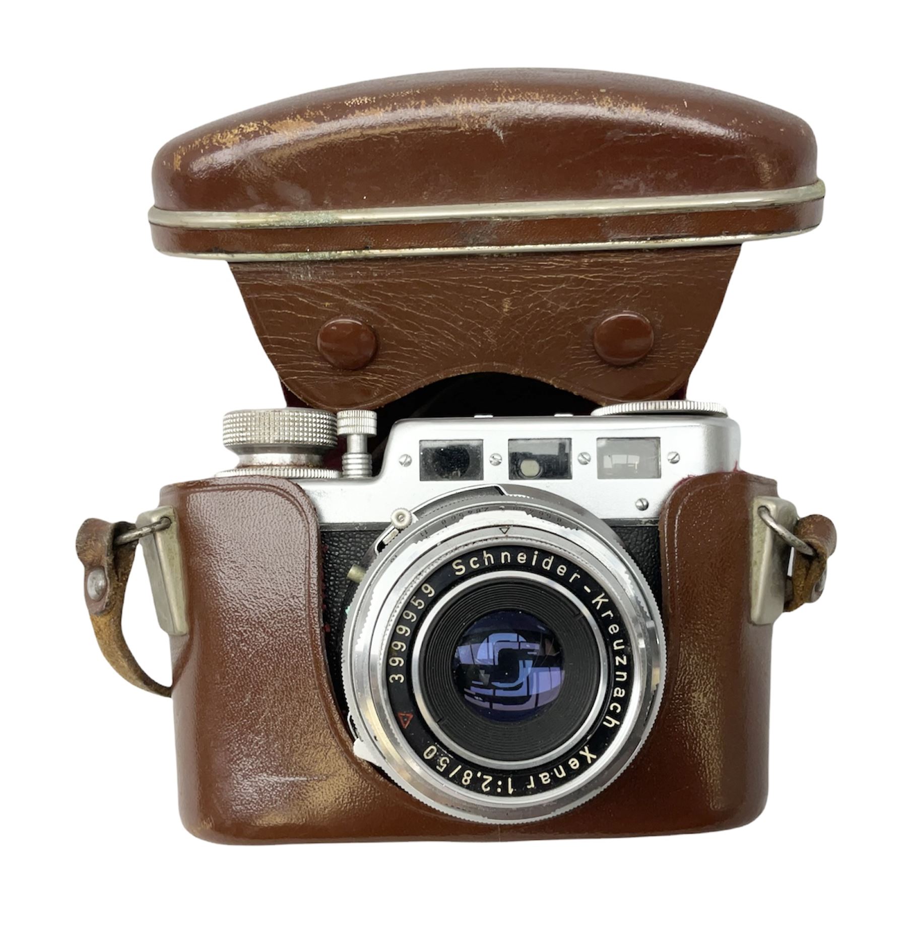 Diax IIa Rangefinder camera body with 50mm f/2.8 Xenar lens, in leather camera case