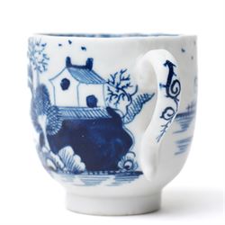 18th century Lowestoft porcelain coffee cup and saucer painted in the 'Two Pagoda Island' pattern, c1765-75, coffee cup H5.5cm