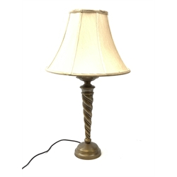 A bronzed table lamp, with tapering twist stem and fabric shade, including shade H70cm. 